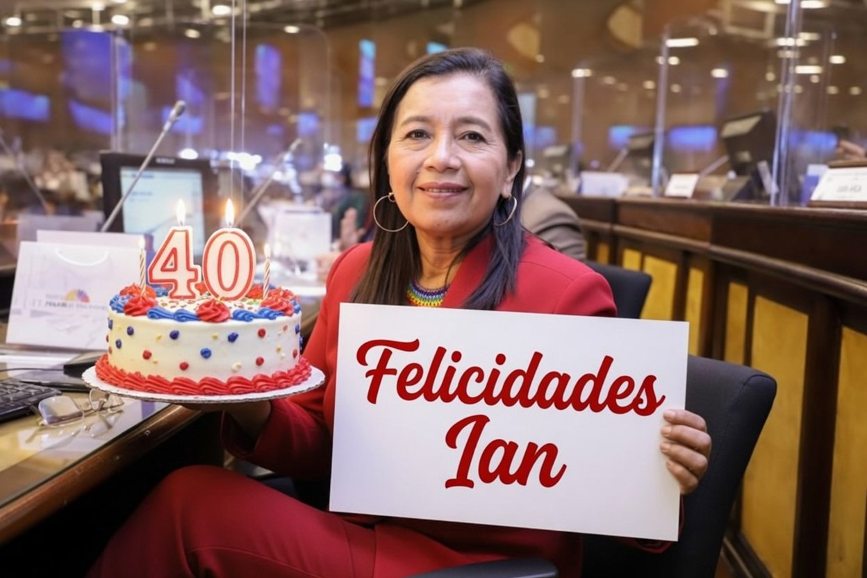 Guadalupe Llori felicitando a Ian con un pastel